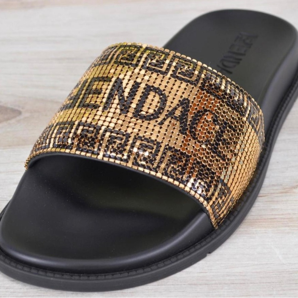 NWT FENDI NIB BLK/GOLD METAL MESH LOGO POOL SLIDES MADE IN ITALY 38EU 7.5 - Picture 2 of 14